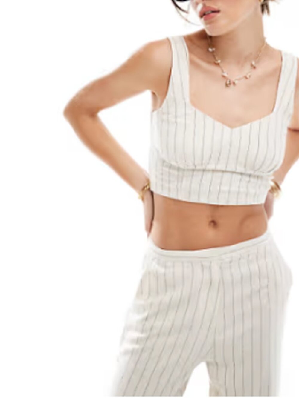 Linen Cropped Pinstripe Top Beige Stone US 6-8